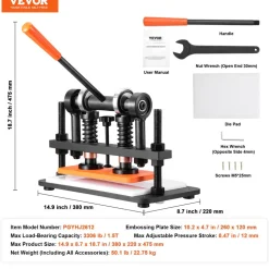 VEVOR Leather Cutting Machine, 10.2 x 4.7 in Embossing Plate Manual Die Cutter, 0.47 in Pressure Stroke Dual Guide Shafts Die Cut Machine, Leather Embossing Machine for Various of Materials