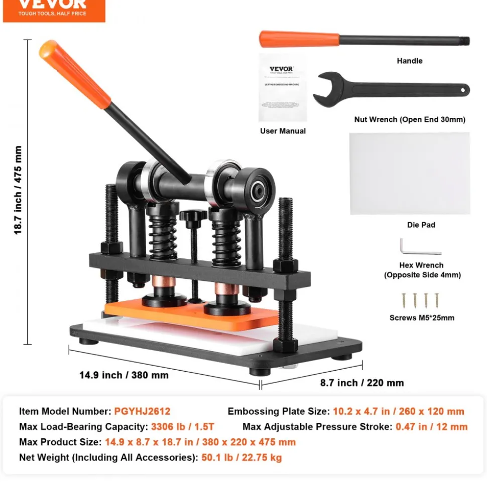 VEVOR Leather Cutting Machine, 10.2 x 4.7 in Embossing Plate Manual Die Cutter, 0.47 in Pressure Stroke Dual Guide Shafts Die Cut Machine, Leather Embossing Machine for Various of Materials