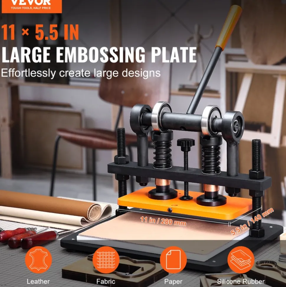 VEVOR Leather Cutting Machine, 11 x 5.5 in Embossing Plate Manual Die Cutter, 0.47 in Pressure Stroke Dual Guide Shafts Die Cut Machine, Leather Embossing Machine for Various of Materials