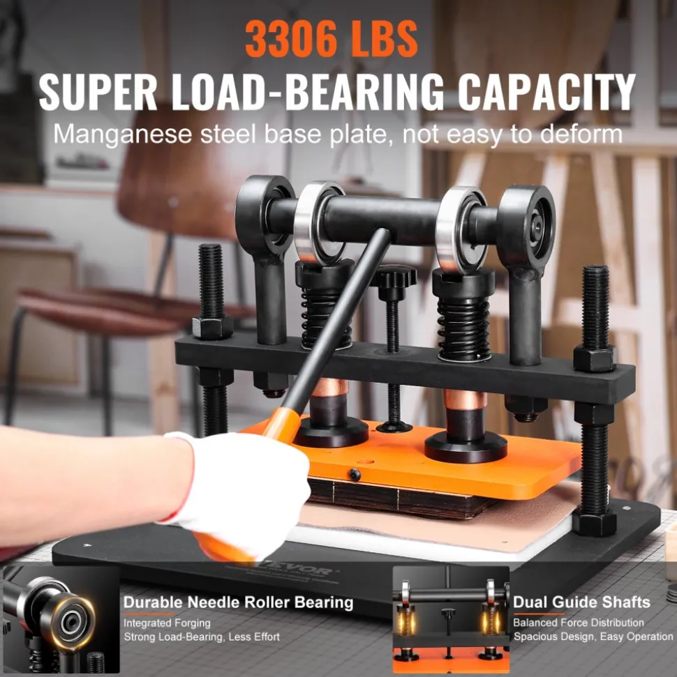 VEVOR Leather Cutting Machine, 11 x 5.5 in Embossing Plate Manual Die Cutter, 0.47 in Pressure Stroke Dual Guide Shafts Die Cut Machine, Leather Embossing Machine for Various of Materials