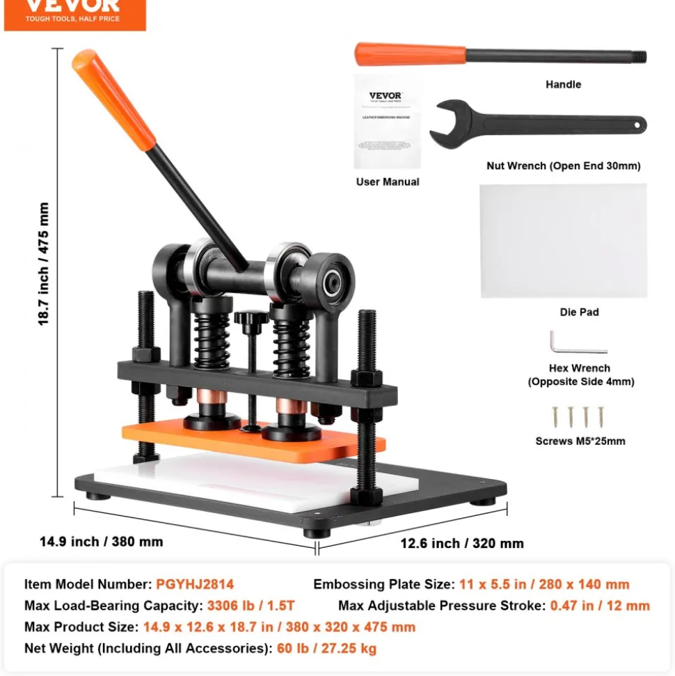 VEVOR Leather Cutting Machine, 11 x 5.5 in Embossing Plate Manual Die Cutter, 0.47 in Pressure Stroke Dual Guide Shafts Die Cut Machine, Leather Embossing Machine for Various of Materials
