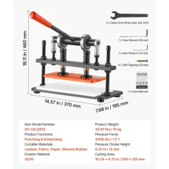 VEVOR Leather Cutting Machine 10.24 x 4.72 in Embossing Plate Die Cutter, Hand Press Leather Embossing & Die Cutting, 3300 lbs Pressure, 0.47 in Stroke, Dual Guide Shafts, for Fabric, Paper, Silicone