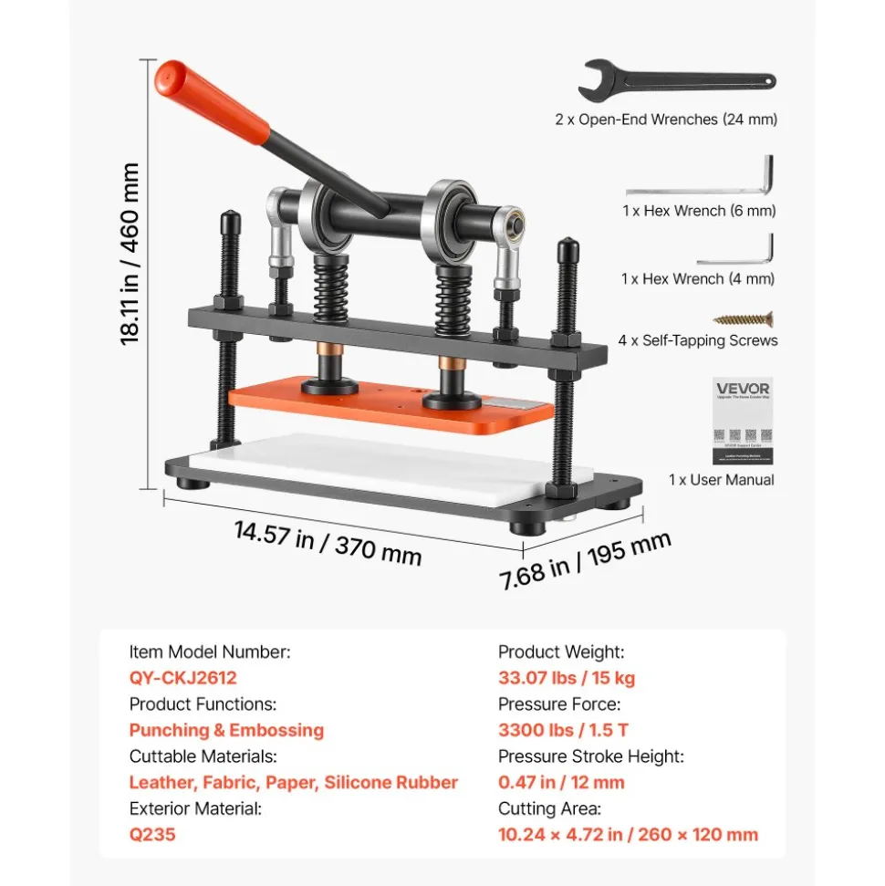 VEVOR Leather Cutting Machine 10.24 x 4.72 in Embossing Plate Die Cutter, Hand Press Leather Embossing & Die Cutting, 3300 lbs Pressure, 0.47 in Stroke, Dual Guide Shafts, for Fabric, Paper, Silicone