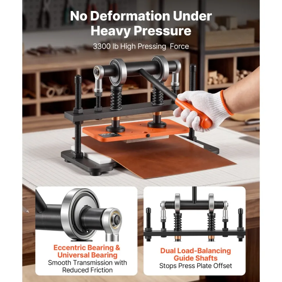 VEVOR Leather Cutting Machine 10.24 x 4.72 in Embossing Plate Die Cutter, Hand Press Leather Embossing & Die Cutting, 3300 lbs Pressure, 0.47 in Stroke, Dual Guide Shafts, for Fabric, Paper, Silicone