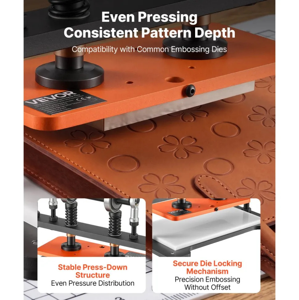 VEVOR Leather Cutting Machine 10.24 x 4.72 in Embossing Plate Die Cutter, Hand Press Leather Embossing & Die Cutting, 3300 lbs Pressure, 0.47 in Stroke, Dual Guide Shafts, for Fabric, Paper, Silicone