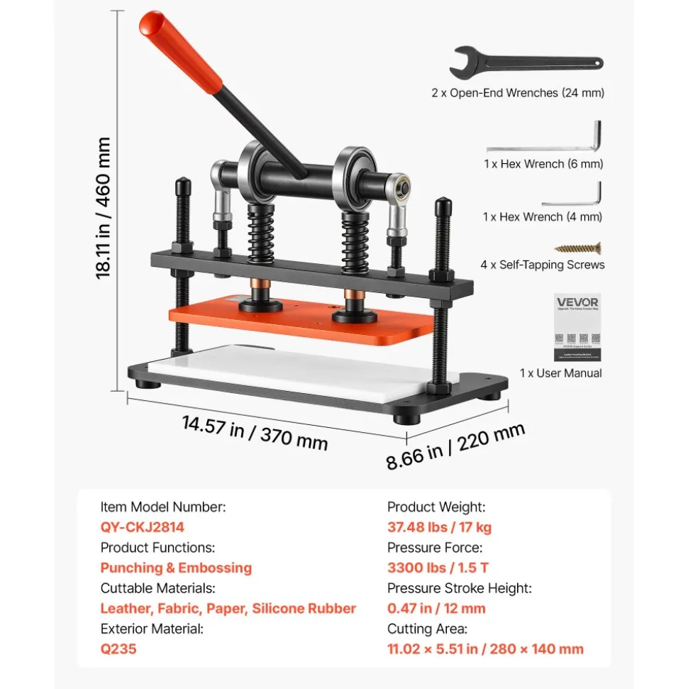 VEVOR Leather Cutting Machine 11.02 x 5.51 in Embossing Plate Die Cutter, Hand Press Leather Embossing & Die Cutting, 3300 lbs Pressure, 0.47 in Stroke, Dual Guide Shafts, for Fabric, Paper, Silicone