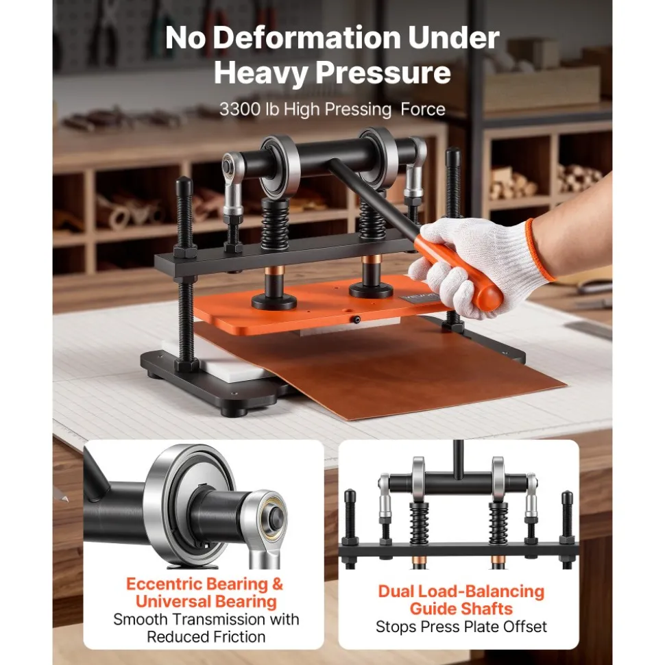 VEVOR Leather Cutting Machine 11.02 x 5.51 in Embossing Plate Die Cutter, Hand Press Leather Embossing & Die Cutting, 3300 lbs Pressure, 0.47 in Stroke, Dual Guide Shafts, for Fabric, Paper, Silicone