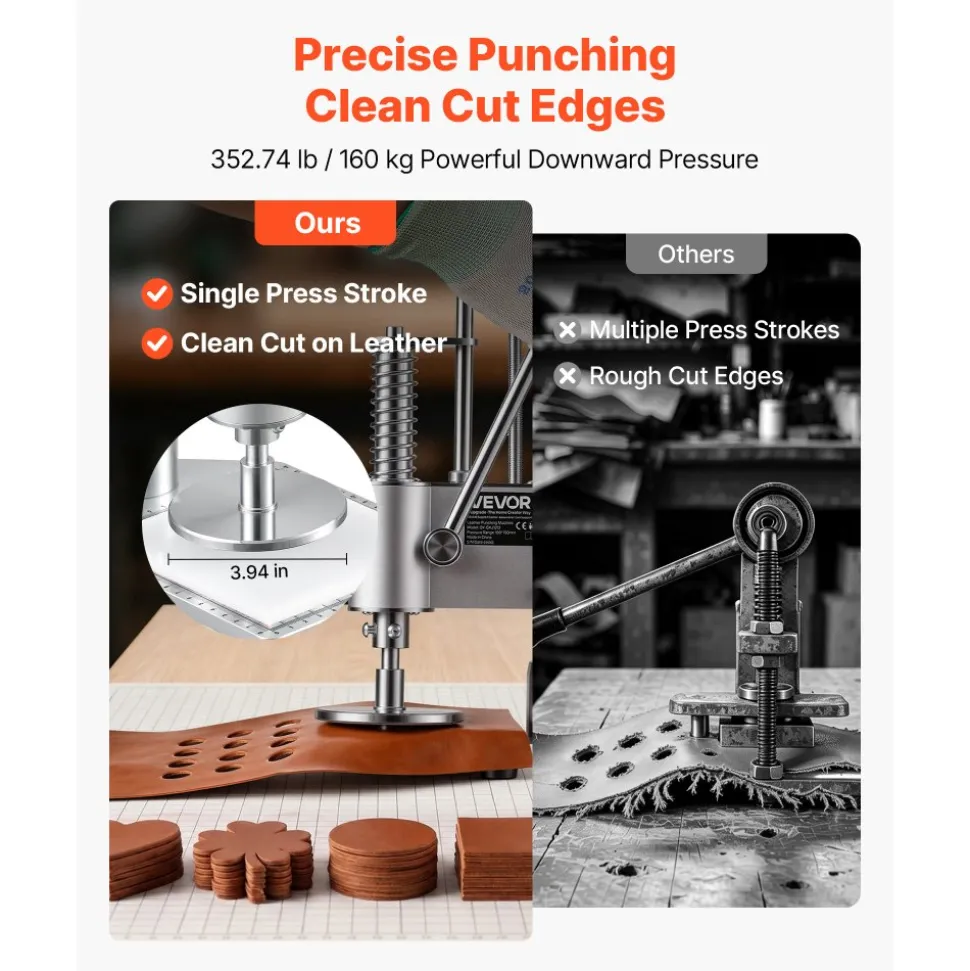 VEVOR Leather Punching Machine 3.94 x 3.94 in Manual Leather Hole Puncher, Hand Punch Press, 352.74 lbs Pressure, 1.57 in Stroke, Chuck Fixation, Sturdy Structure, for Fabric, Paper, and Silicone