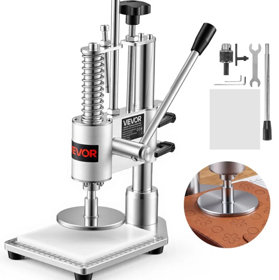 VEVOR Leather Punching Machine 3.94 x 3.94 in Manual Leather Hole Puncher, Hand Punch Press, 352.74 lbs Pressure, 1.57 in Stroke, Chuck Fixation, Sturdy Structure, for Fabric, Paper, and Silicone