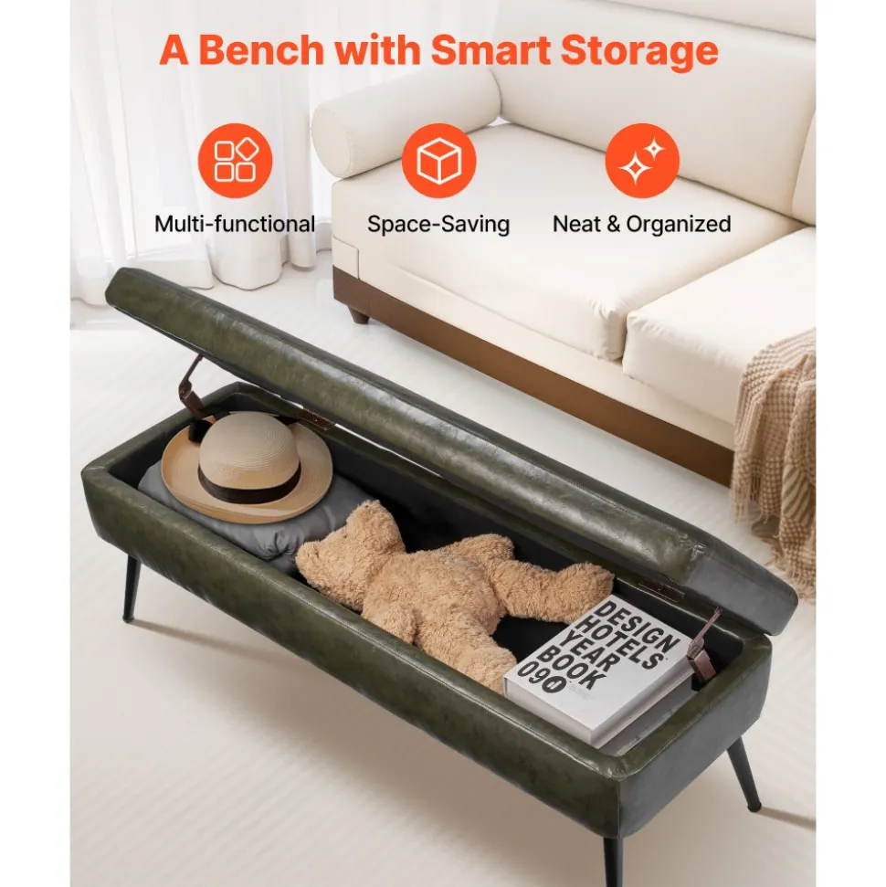 VEVOR Leather Storage Ottoman Bench, PU Leather Bench with Storage and Metal Legs, Modern Shoe Benches Seat for Entryway, Upholstered End of Bed Benches for Living Room, Dining Room, Hallway, Green