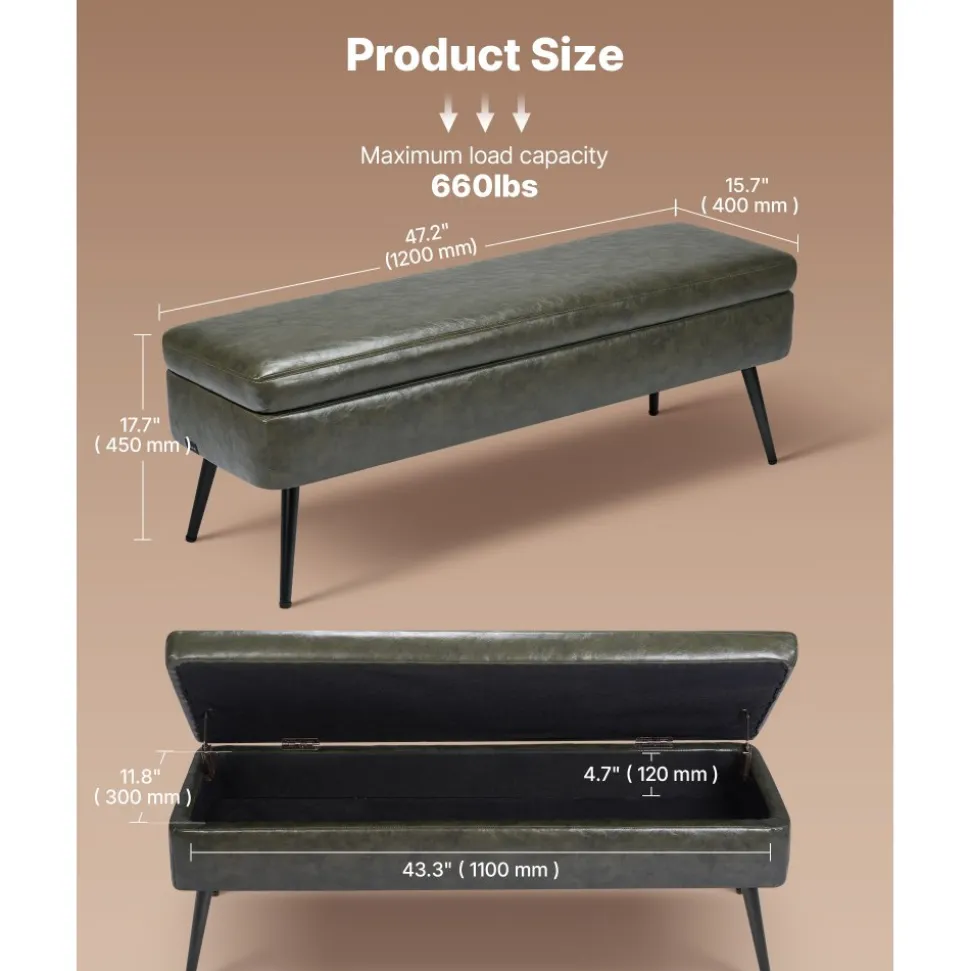 VEVOR Leather Storage Ottoman Bench, PU Leather Bench with Storage and Metal Legs, Modern Shoe Benches Seat for Entryway, Upholstered End of Bed Benches for Living Room, Dining Room, Hallway, Green
