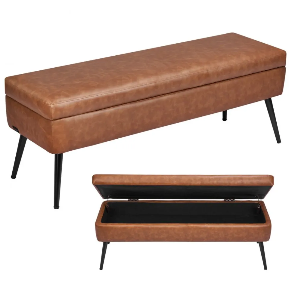 VEVOR Leather Storage Ottoman Bench, PU Leather Bench with Storage and Metal Legs, Upholstered Shoe Benches Seat for Entryway, Modern End of Bed Benches for Living Room, Dining Room, Hallway, Brown