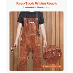 VEVOR Leather Welding Apron Split Leg, Heavy Duty Cowhide Flame Resistant Welding Pants for Men Women, Heat-Resistant Safety Apron with 3 Pockets for Woodworking, Gardening, Blacksmithing, XL-Size