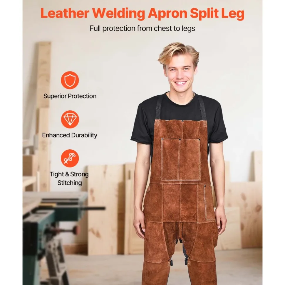 VEVOR Leather Welding Apron Split Leg, Heavy Duty Cowhide Flame Resistant Welding Pants for Men Women, Heat-Resistant Safety Apron with 3 Pockets for Woodworking, Gardening, Blacksmithing, L-Size