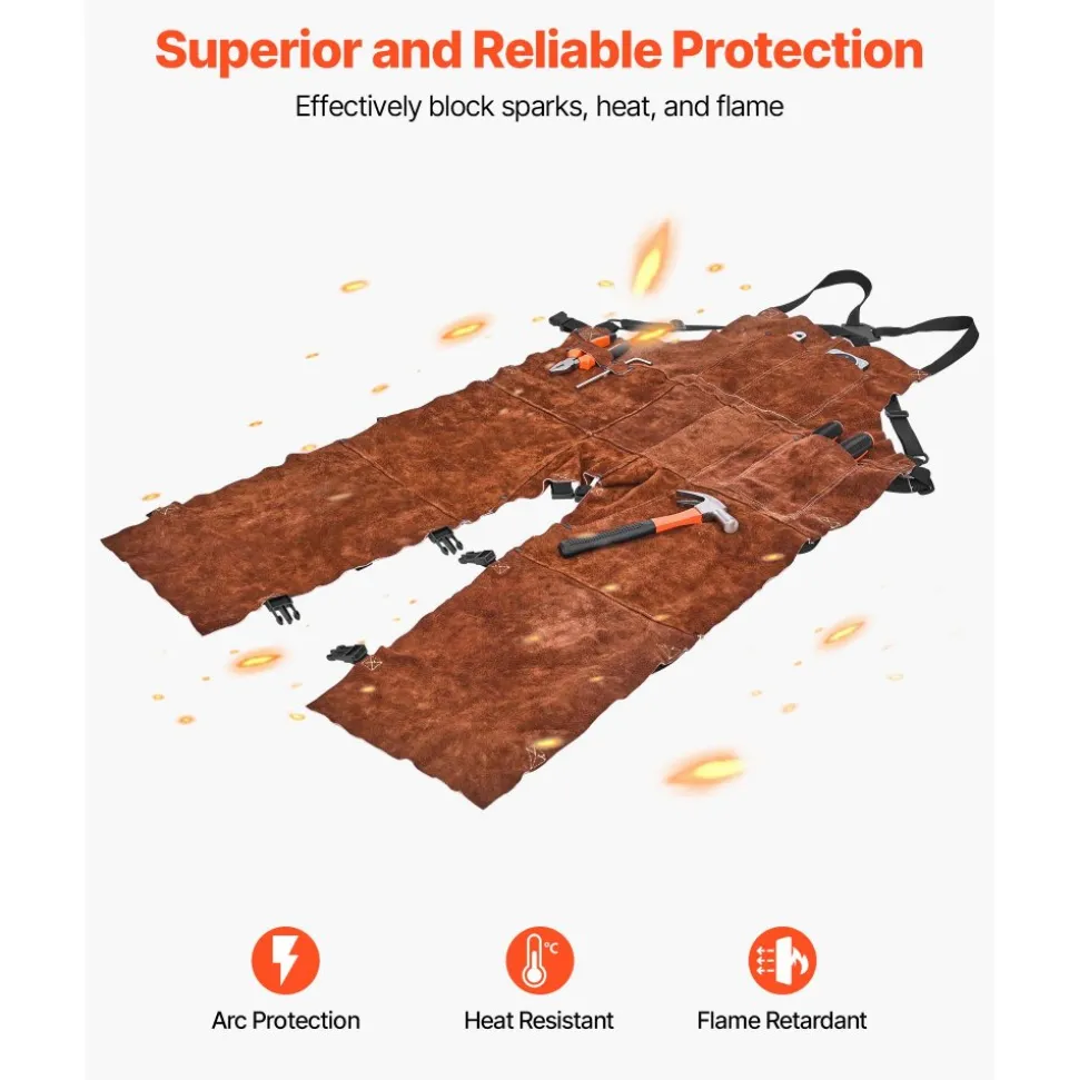 VEVOR Leather Welding Apron Split Leg, Heavy Duty Cowhide Flame Resistant Welding Pants for Men Women, Heat-Resistant Safety Apron with 3 Pockets for Woodworking, Gardening, Blacksmithing, M-Size