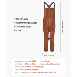 VEVOR Leather Welding Apron Split Leg, Heavy Duty Cowhide Flame Resistant Welding Pants for Men Women, Heat-Resistant Safety Apron with 3 Pockets for Woodworking, Gardening, Blacksmithing, M-Size