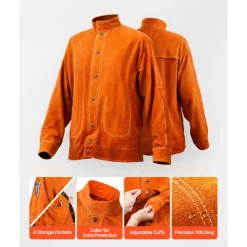 VEVOR Leather Welding Jacket, Heavy Duty Cowhide Flame Resistant Welding Coat, Waterproof Heat-Resistant Safety Jacket with 4 Pockets & Adjustable Cuffs for Welders Steelworks - XXL Size