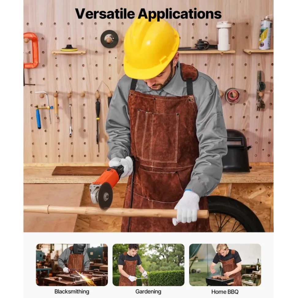 VEVOR Leather Welding Work Apron, Heavy Duty Cowhide Flame Resistant Welding Apron, Heat-Resistant Blacksmith Welder Aprons with 6 Tool Pockets for Woodworking, Gardening, BBQ