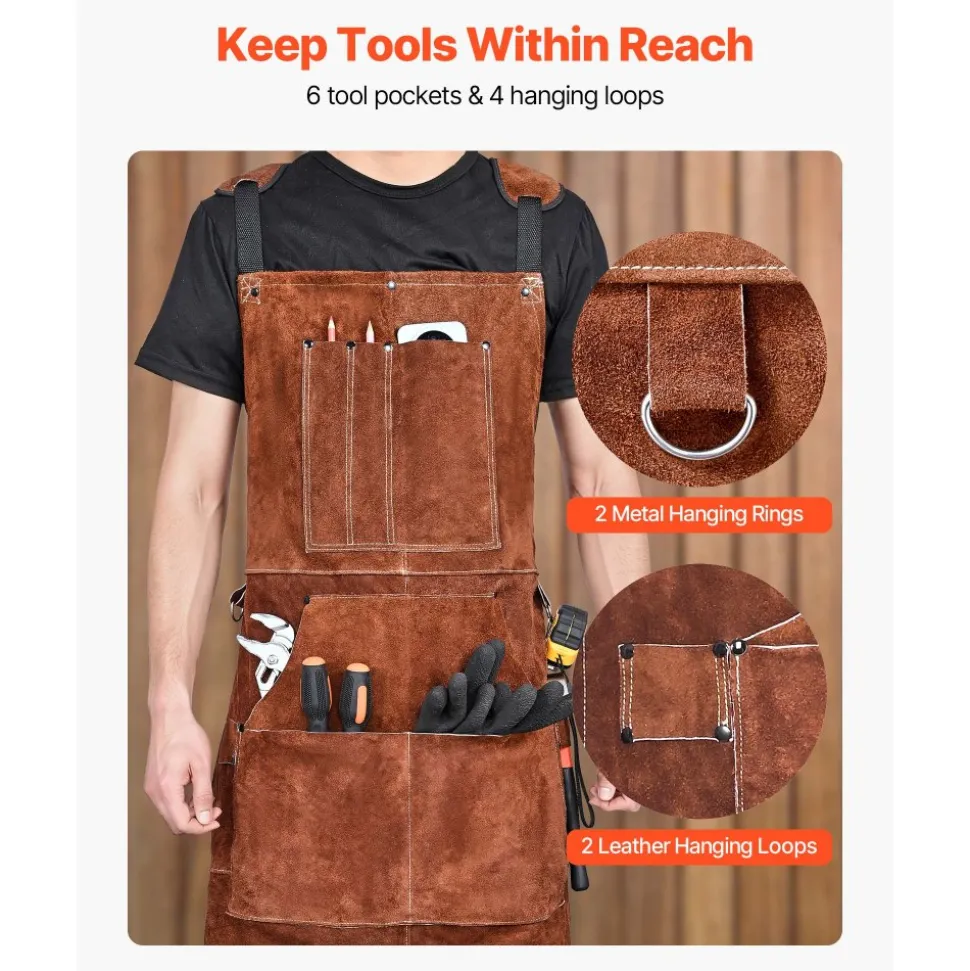 VEVOR Leather Welding Work Apron, Heavy Duty Cowhide Flame Resistant Welding Apron, Heat-Resistant Blacksmith Welder Aprons with 6 Tool Pockets for Woodworking, Gardening, BBQ