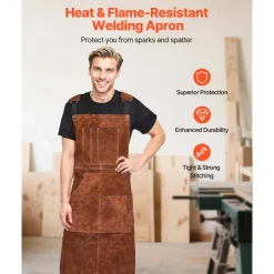 VEVOR Leather Welding Work Apron, Heavy Duty Cowhide Flame Resistant Welding Apron, Heat-Resistant Blacksmith Welder Aprons with 6 Tool Pockets for Woodworking, Gardening, BBQ