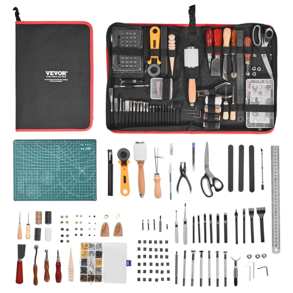 VEVOR Leather Working Tools Kit, 61 PCS Leather Craft Tools with Portable Canvas Storage Bag, Engraving Punching Sewing Stamping Sanding Tools, Ideal for Beginners DIY Enthusiasts and Professionals