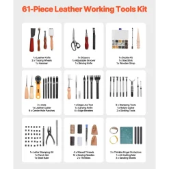 VEVOR Leather Working Tools Kit, 61 PCS Leather Craft Tools with Portable Canvas Storage Bag, Engraving Punching Sewing Stamping Sanding Tools, Ideal for Beginners DIY Enthusiasts and Professionals