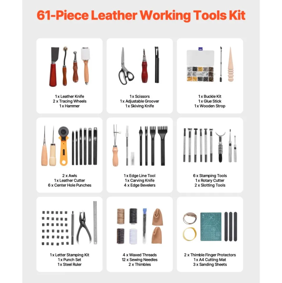 VEVOR Leather Working Tools Kit, 61 PCS Leather Craft Tools with Portable Canvas Storage Bag, Engraving Punching Sewing Stamping Sanding Tools, Ideal for Beginners DIY Enthusiasts and Professionals