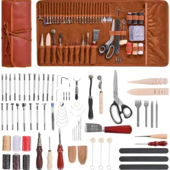 VEVOR Leather Working Tools Kit, 72 PCS Leather Craft Tools with Portable Leather Storage Bag, Engraving Punching Sewing Stamping Sanding Tools, Ideal for Beginners DIY Enthusiasts and Professionals