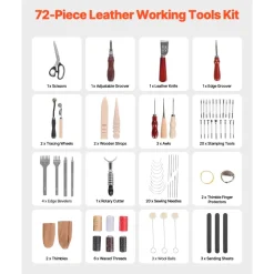 VEVOR Leather Working Tools Kit, 72 PCS Leather Craft Tools with Portable Leather Storage Bag, Engraving Punching Sewing Stamping Sanding Tools, Ideal for Beginners DIY Enthusiasts and Professionals