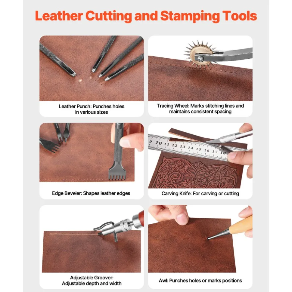 VEVOR Leather Working Tools Kit, 38 PCS Leather Craft Tools with Portable Canvas Storage Bag, Engraving Punching Sewing Stamping Cutting Tools, Ideal for Beginners DIY Enthusiasts and Professionals