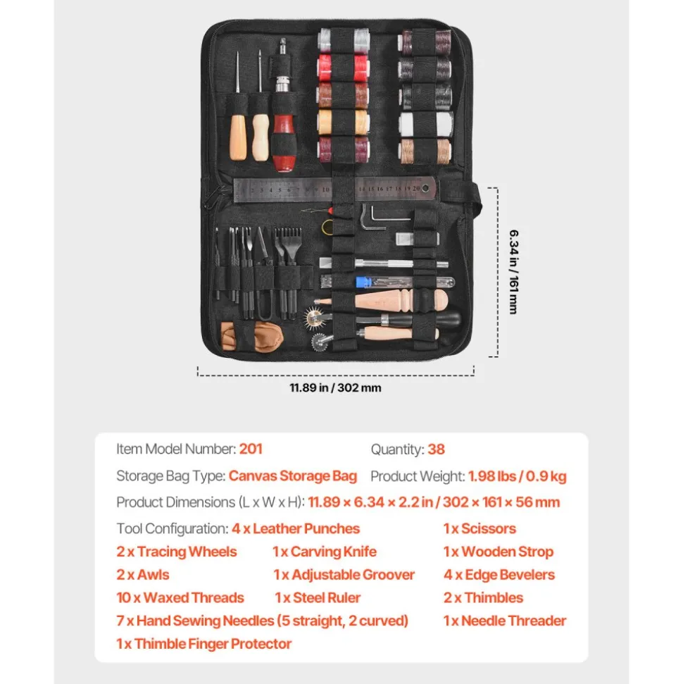 VEVOR Leather Working Tools Kit, 38 PCS Leather Craft Tools with Portable Canvas Storage Bag, Engraving Punching Sewing Stamping Cutting Tools, Ideal for Beginners DIY Enthusiasts and Professionals