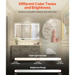 VEVOR LED Bathroom Mirror, 24" x 32" LED Bathroom Vanity Mirror with Frontlit and Backlit, Anti-Fog Memory Mirror with Lights, Stepless 3 Colors Temperature Dimmable Bathroom Mirror, Wall Mounted