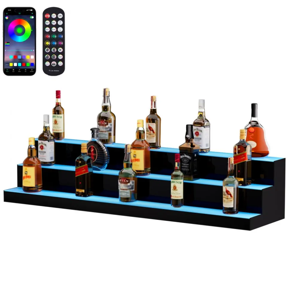 VEVOR LED Lighted Liquor Bottle Display, 3 Tiers 48 Inch Commercial Illuminated Home Bar Shelf, 3 Steps Whiskey Rack Stand, Acrylic Drink Shelves with RF Remote & App Control, and Multicolor lighting