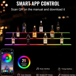 VEVOR LED Lighted Liquor Bottle Display, 3 Tiers 48 Inch Commercial Illuminated Home Bar Shelf, 3 Steps Whiskey Rack Stand, Acrylic Drink Shelves with RF Remote & App Control, and Multicolor lighting