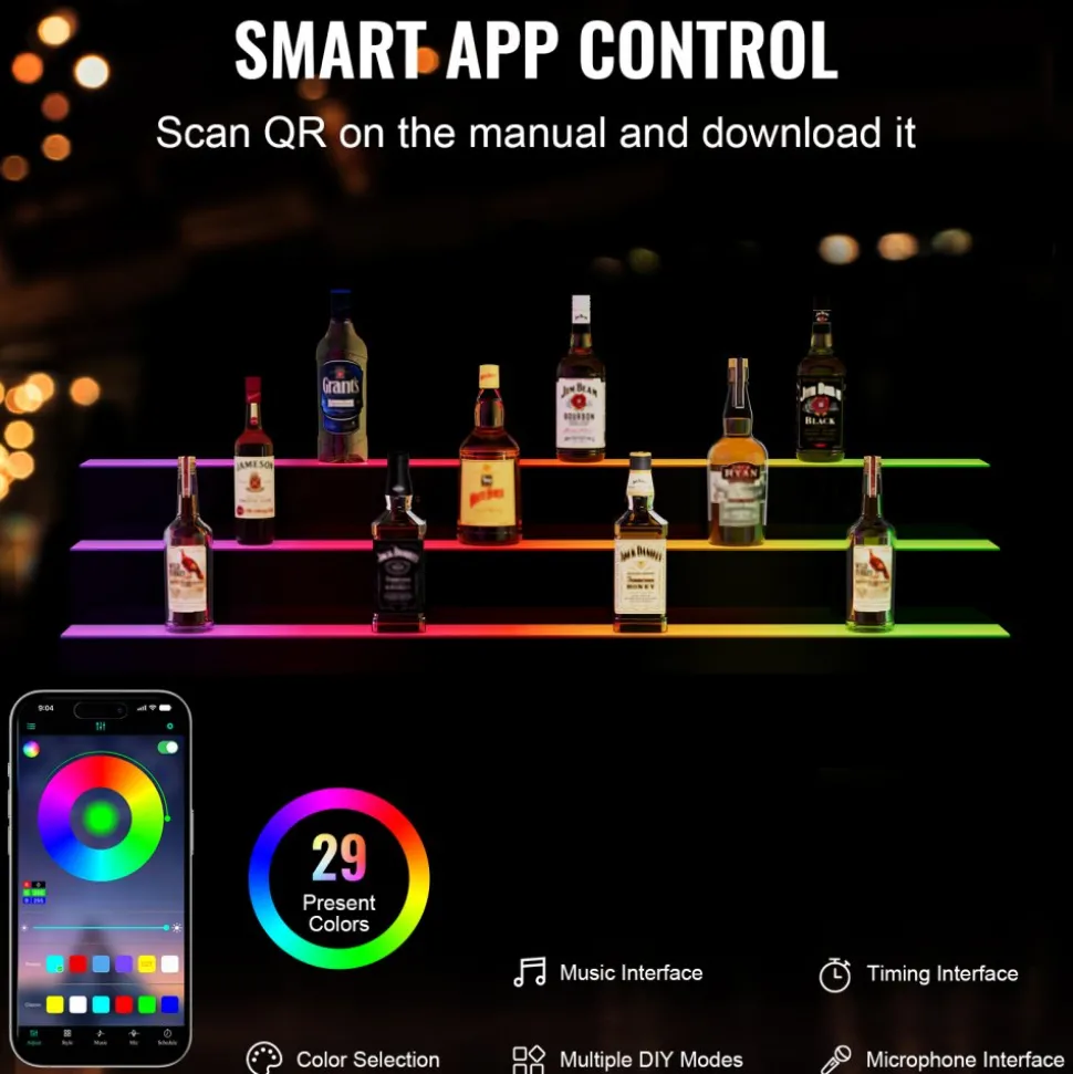 VEVOR LED Lighted Liquor Bottle Display, 3 Tiers 48 Inch Commercial Illuminated Home Bar Shelf, 3 Steps Whiskey Rack Stand, Acrylic Drink Shelves with RF Remote & App Control, and Multicolor lighting