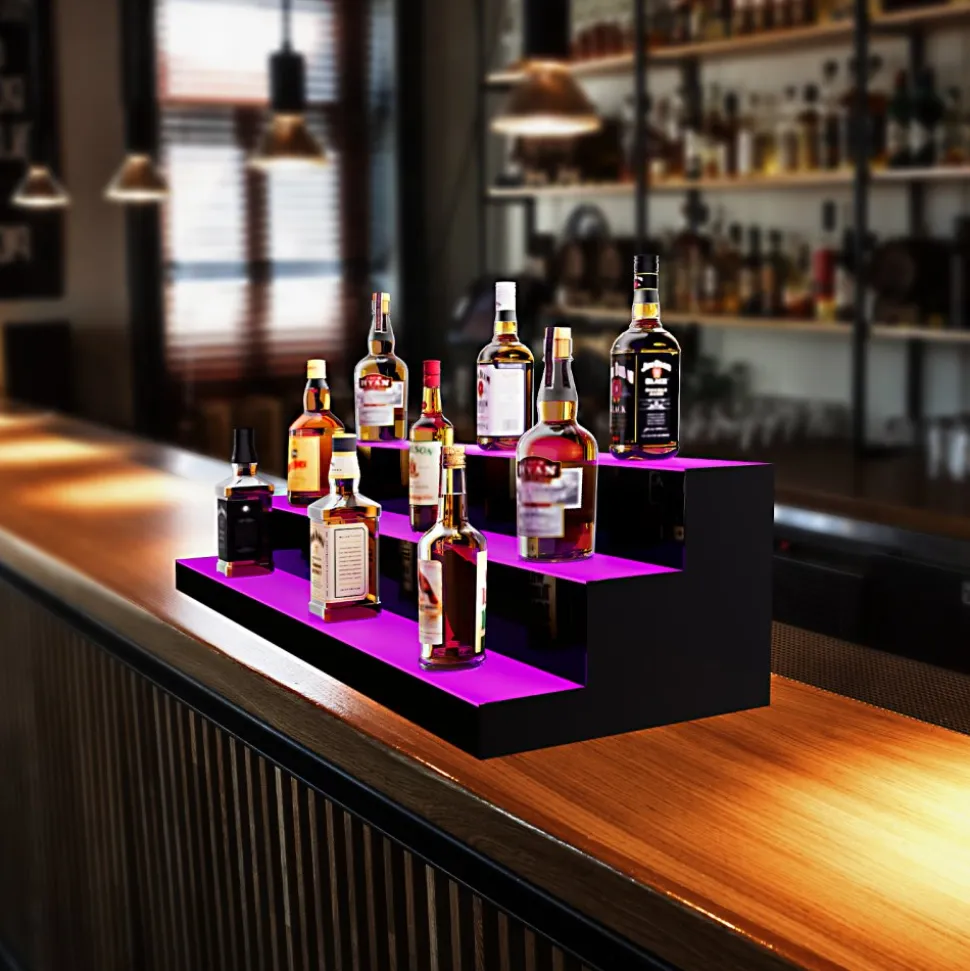 VEVOR LED Lighted Liquor Bottle Display, 3 Tiers 48 Inch Commercial Illuminated Home Bar Shelf, 3 Steps Whiskey Rack Stand, Acrylic Drink Shelves with RF Remote & App Control, and Multicolor lighting