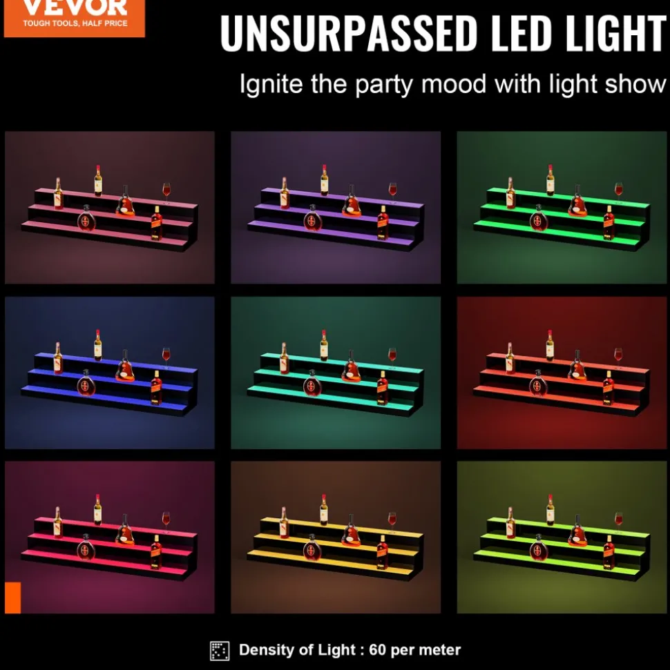 VEVOR LED Lighted Liquor Bottle Display, 3 Tiers 48 Inch Commercial Illuminated Home Bar Shelf, 3 Steps Whiskey Rack Stand, Acrylic Drink Shelves with RF Remote & App Control, and Multicolor lighting