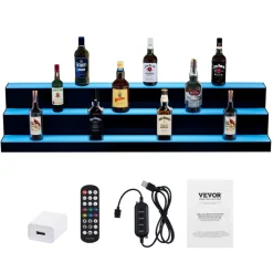 VEVOR LED Lighted Liquor Bottle Display, 3 Tiers 48 Inch Commercial Illuminated Home Bar Shelf, 3 Steps Whiskey Rack Stand, Acrylic Drink Shelves with RF Remote & App Control, and Multicolor lighting