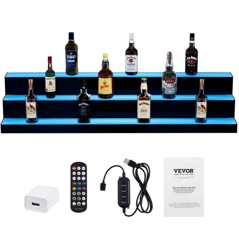 VEVOR LED Lighted Liquor Bottle Display, 3 Tiers 48 Inch Commercial Illuminated Home Bar Shelf, 3 Steps Whiskey Rack Stand, Acrylic Drink Shelves with RF Remote & App Control, and Multicolor lighting