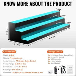 VEVOR LED Lighted Liquor Bottle Display, 3 Tiers 48 Inch Commercial Illuminated Home Bar Shelf, 3 Steps Whiskey Rack Stand, Acrylic Drink Shelves with RF Remote & App Control, and Multicolor lighting