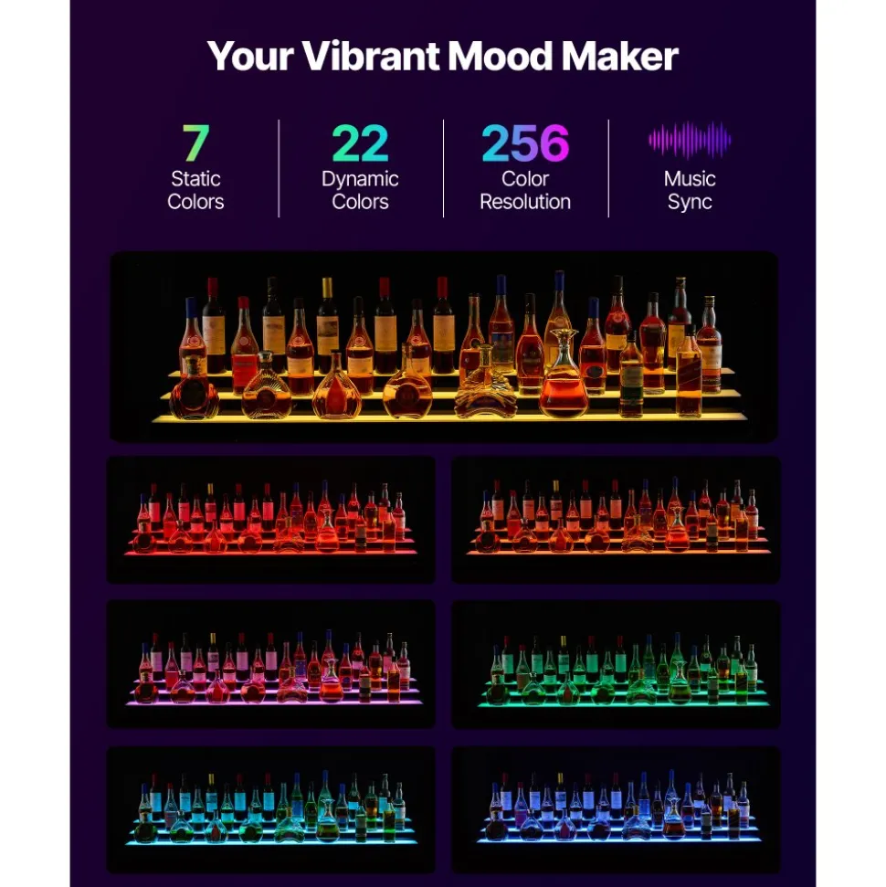 VEVOR LED Lighted Liquor Bottle Display, 3-Tier 70 Inch, Illuminated Home Bar Shelf with RF Remote & App Control, 7 Static Colors, Acrylic Lighted Whiskey Shelf for 52 Bottles, Powered by Adapter Only