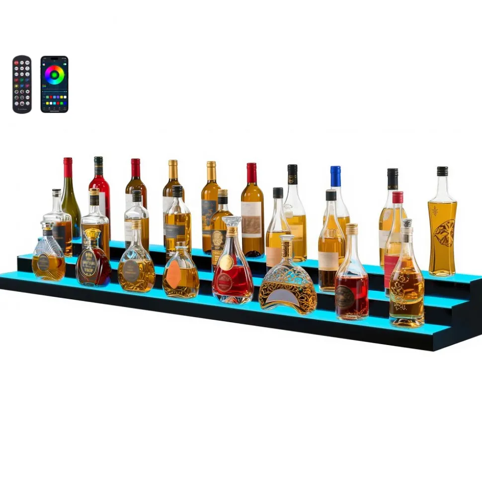 VEVOR LED Lighted Liquor Bottle Display, 3-Tier 70 Inch, Illuminated Home Bar Shelf with RF Remote & App Control, 7 Static Colors, Acrylic Lighted Whiskey Shelf for 52 Bottles, Powered by Adapter Only
