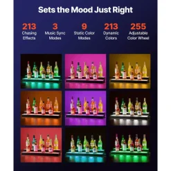 VEVOR LED Lighted Liquor Bottle Display, 4 Tiers 16 Inch Commercial Illuminated Home Bar Shelf, 4 Steps Whiskey Rack Stand, Acrylic Drink Shelves with RF Remote & App Control, and Multicolor lighting