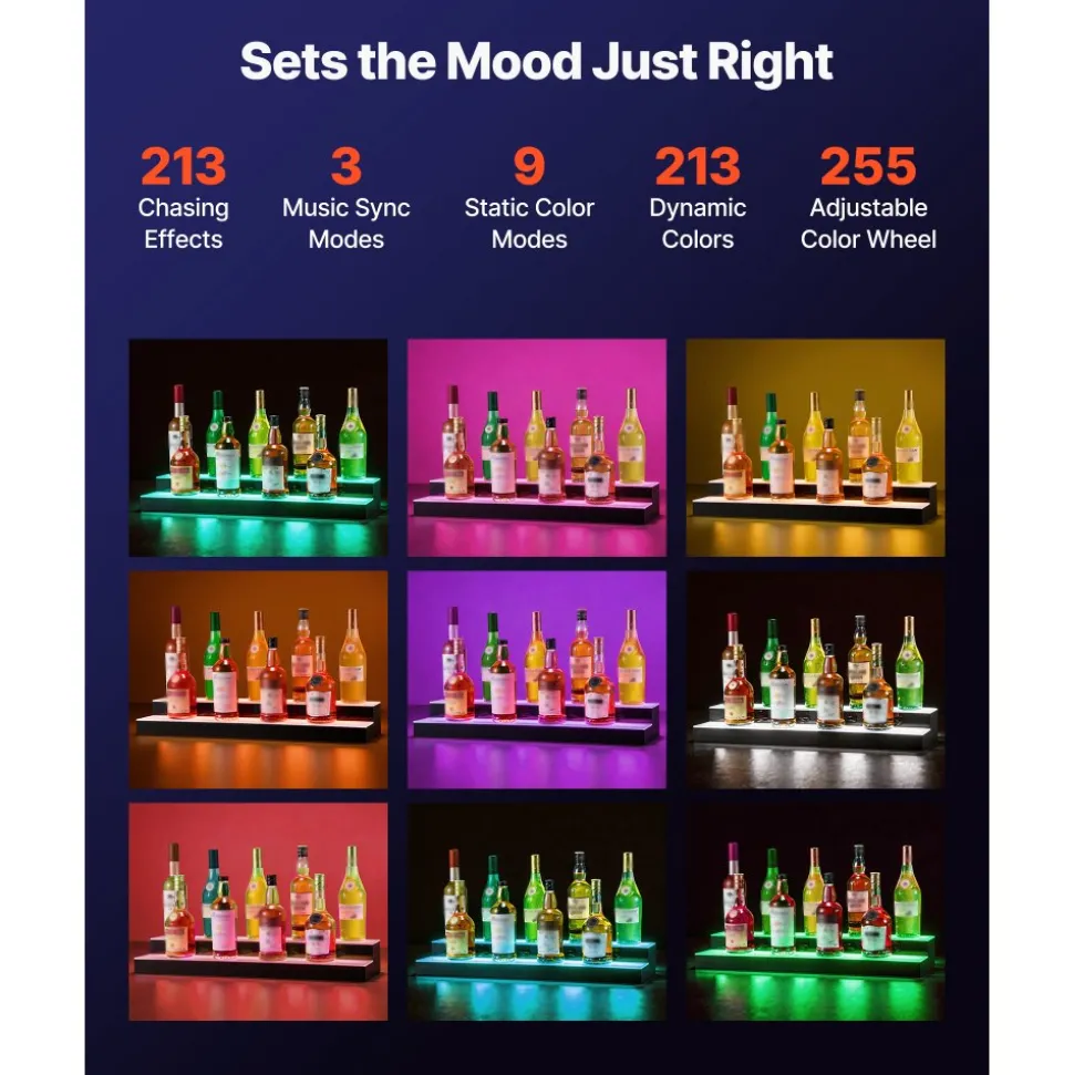 VEVOR LED Lighted Liquor Bottle Display, 4 Tiers 16 Inch Commercial Illuminated Home Bar Shelf, 4 Steps Whiskey Rack Stand, Acrylic Drink Shelves with RF Remote & App Control, and Multicolor lighting