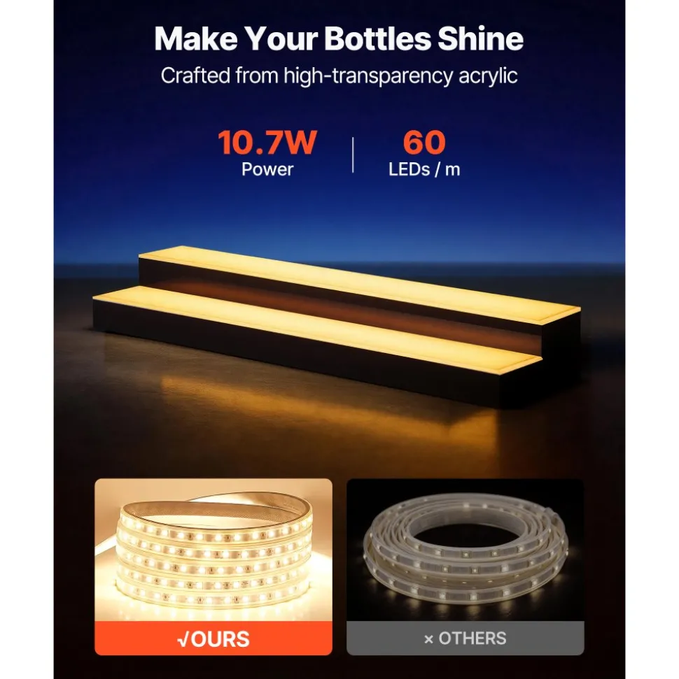 VEVOR LED Lighted Liquor Bottle Display, 4 Tiers 16 Inch Commercial Illuminated Home Bar Shelf, 4 Steps Whiskey Rack Stand, Acrylic Drink Shelves with RF Remote & App Control, and Multicolor lighting