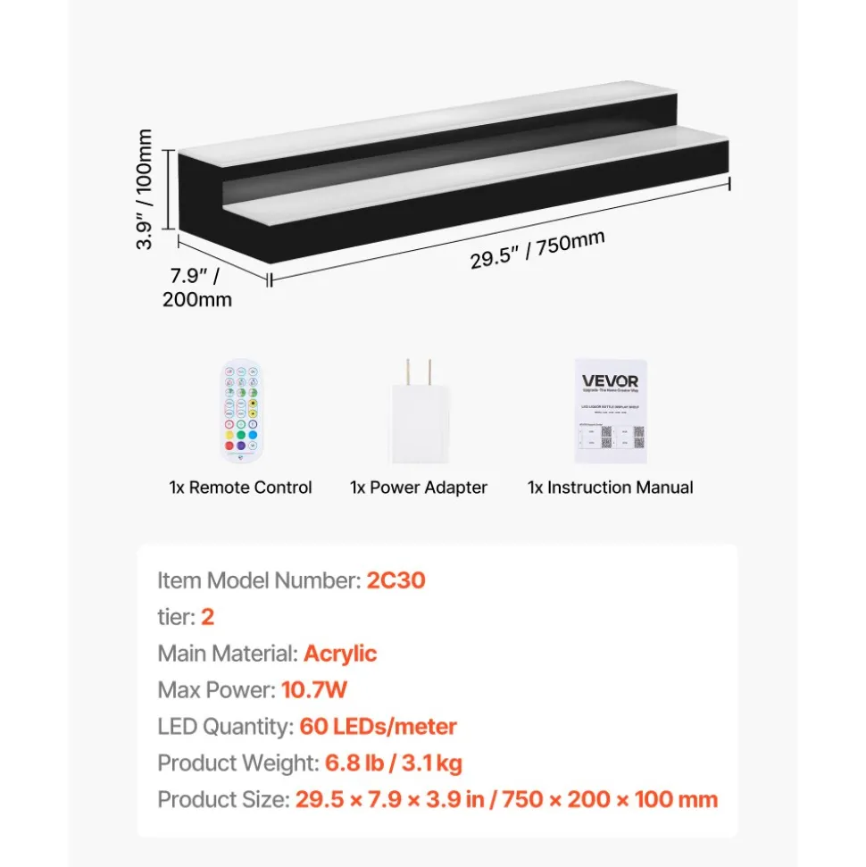 VEVOR LED Lighted Liquor Bottle Display, 4 Tiers 16 Inch Commercial Illuminated Home Bar Shelf, 4 Steps Whiskey Rack Stand, Acrylic Drink Shelves with RF Remote & App Control, and Multicolor lighting
