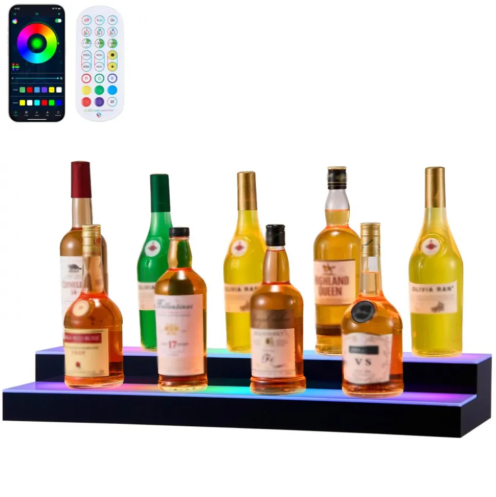 VEVOR LED Lighted Liquor Bottle Display, 4 Tiers 16 Inch Commercial Illuminated Home Bar Shelf, 4 Steps Whiskey Rack Stand, Acrylic Drink Shelves with RF Remote & App Control, and Multicolor lighting