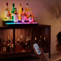 VEVOR LED Lighted Liquor Bottle Display, 4 Tiers 16 Inch Commercial Illuminated Home Bar Shelf, 4 Steps Whiskey Rack Stand, Acrylic Drink Shelves with RF Remote & App Control, and Multicolor lighting
