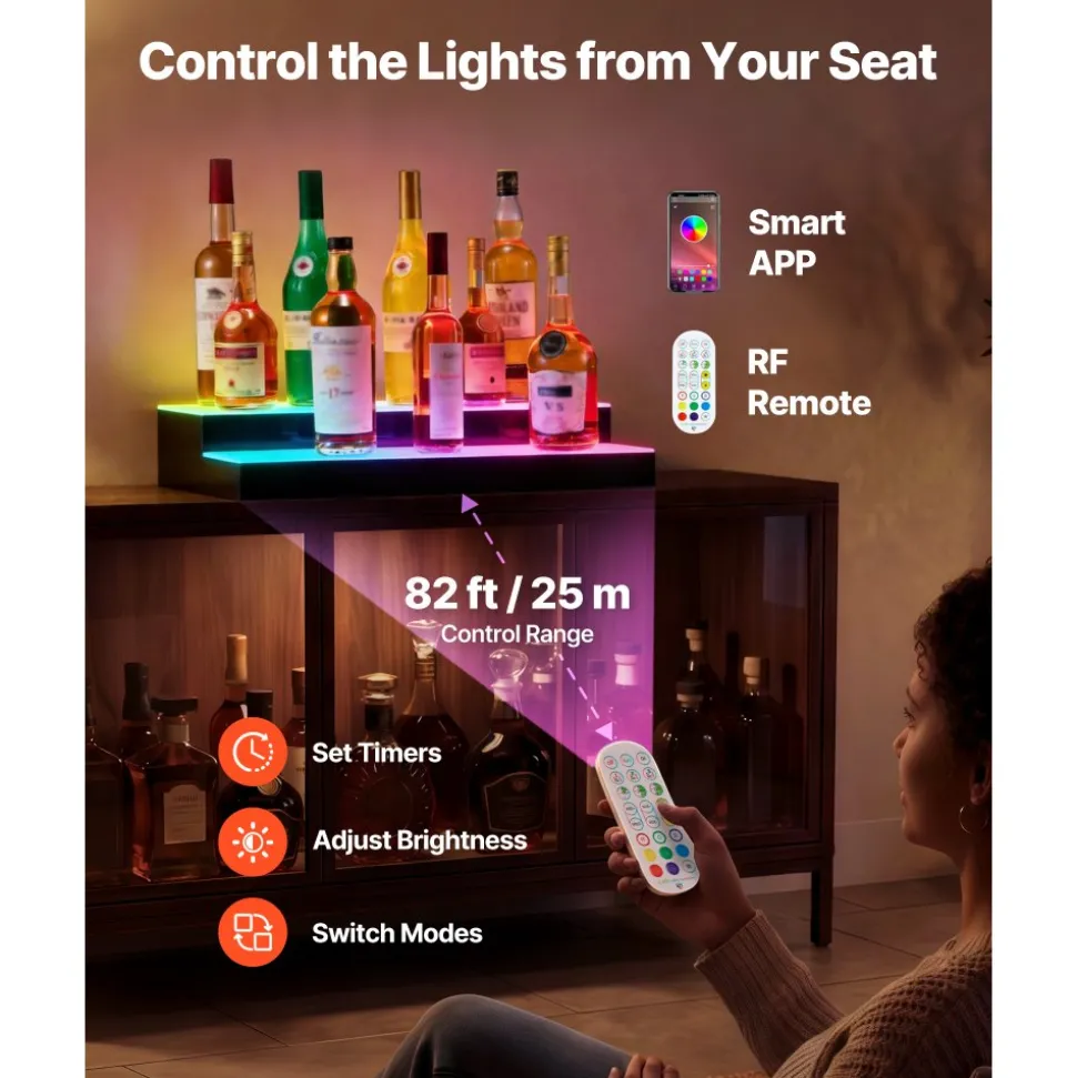 VEVOR LED Lighted Liquor Bottle Display, 4 Tiers 16 Inch Commercial Illuminated Home Bar Shelf, 4 Steps Whiskey Rack Stand, Acrylic Drink Shelves with RF Remote & App Control, and Multicolor lighting
