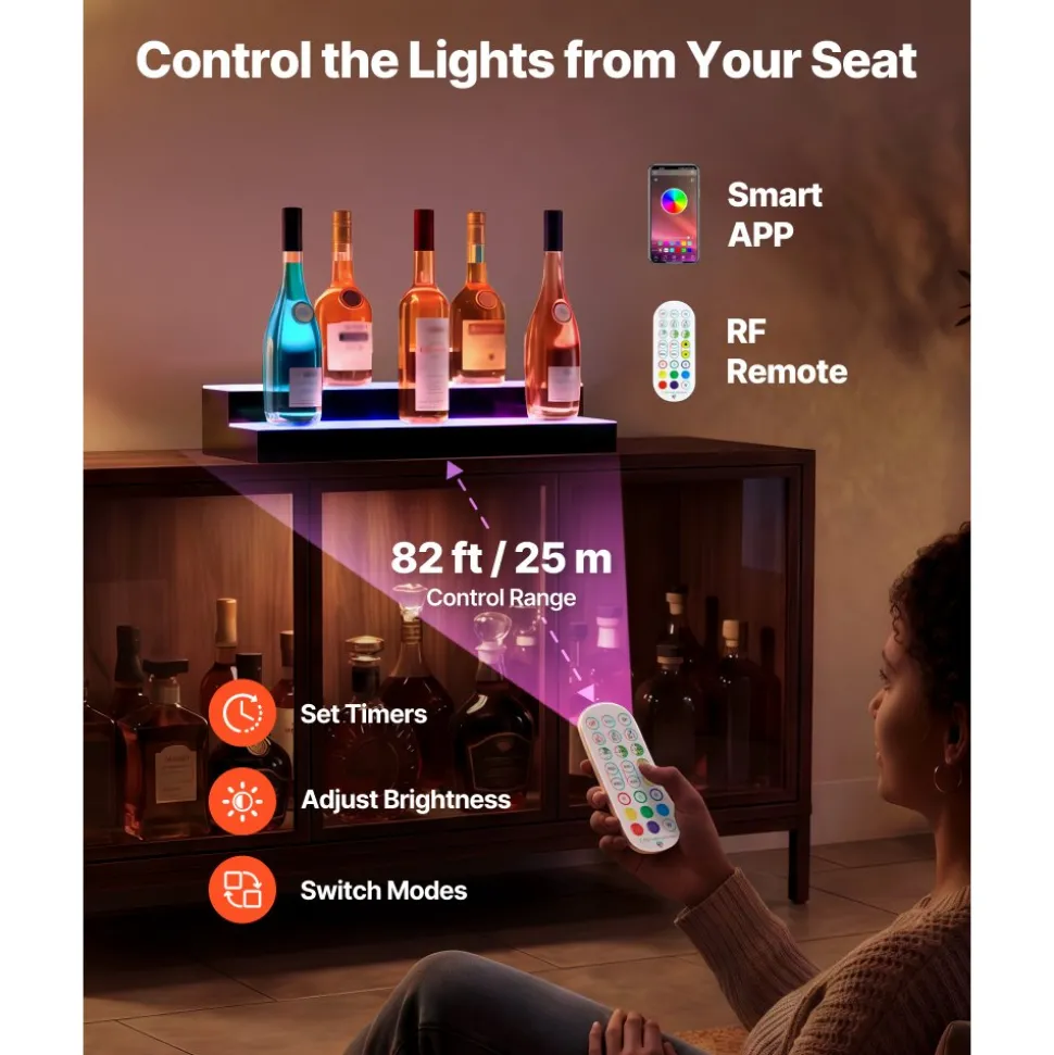 VEVOR LED Lighted Liquor Bottle Display, 2 Tiers 24 inches, Supports USB, Acrylic Illuminated Home Bar Shelf Display with RF Remote & App Control, 9 Static Colors, Timing Mode, for 12-16 Bottles